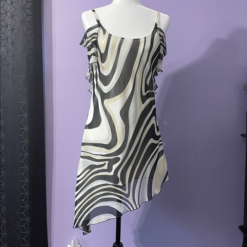Y2K Asymmetrical Midi Strap and Off the Shoulder SwirlDressSize6 BlackWhiteCream